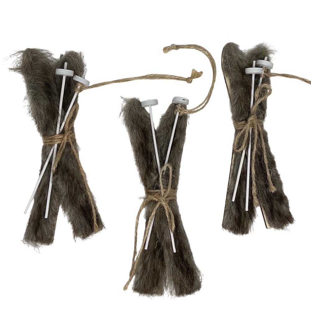 Ski Ornament Set 3pc Brown Faux Fur Wood Rustic Lodge Christmas Decor